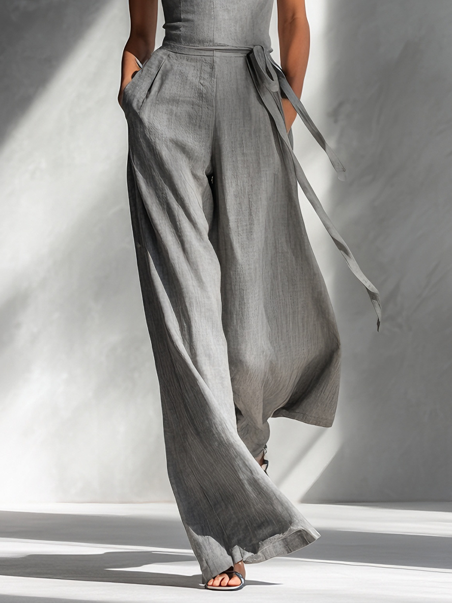 Gray Linen Blend Spaghetti-Strap Square-Neck Tie-Waist Wide-Leg Jumpsuit