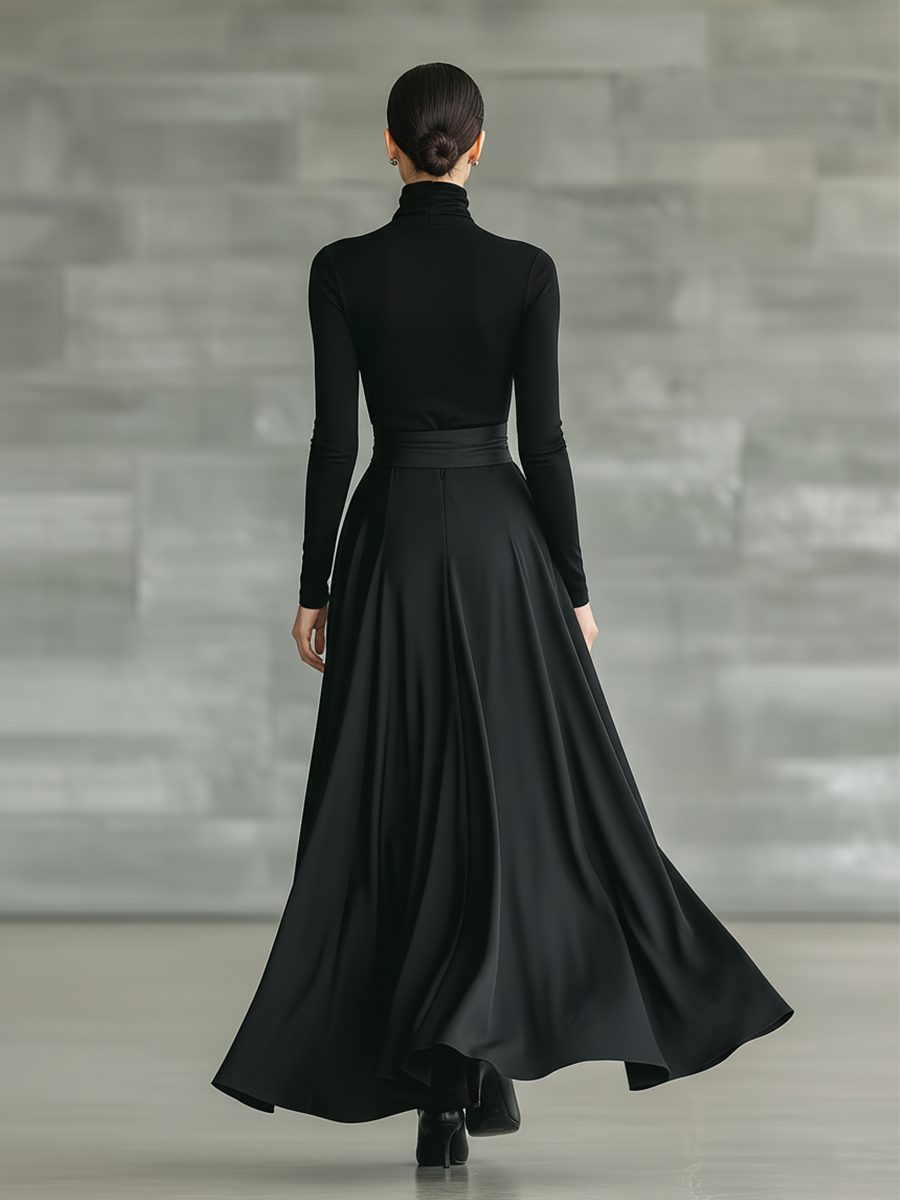Black High-Neck Knitted & Satin Flared Maxi Dress