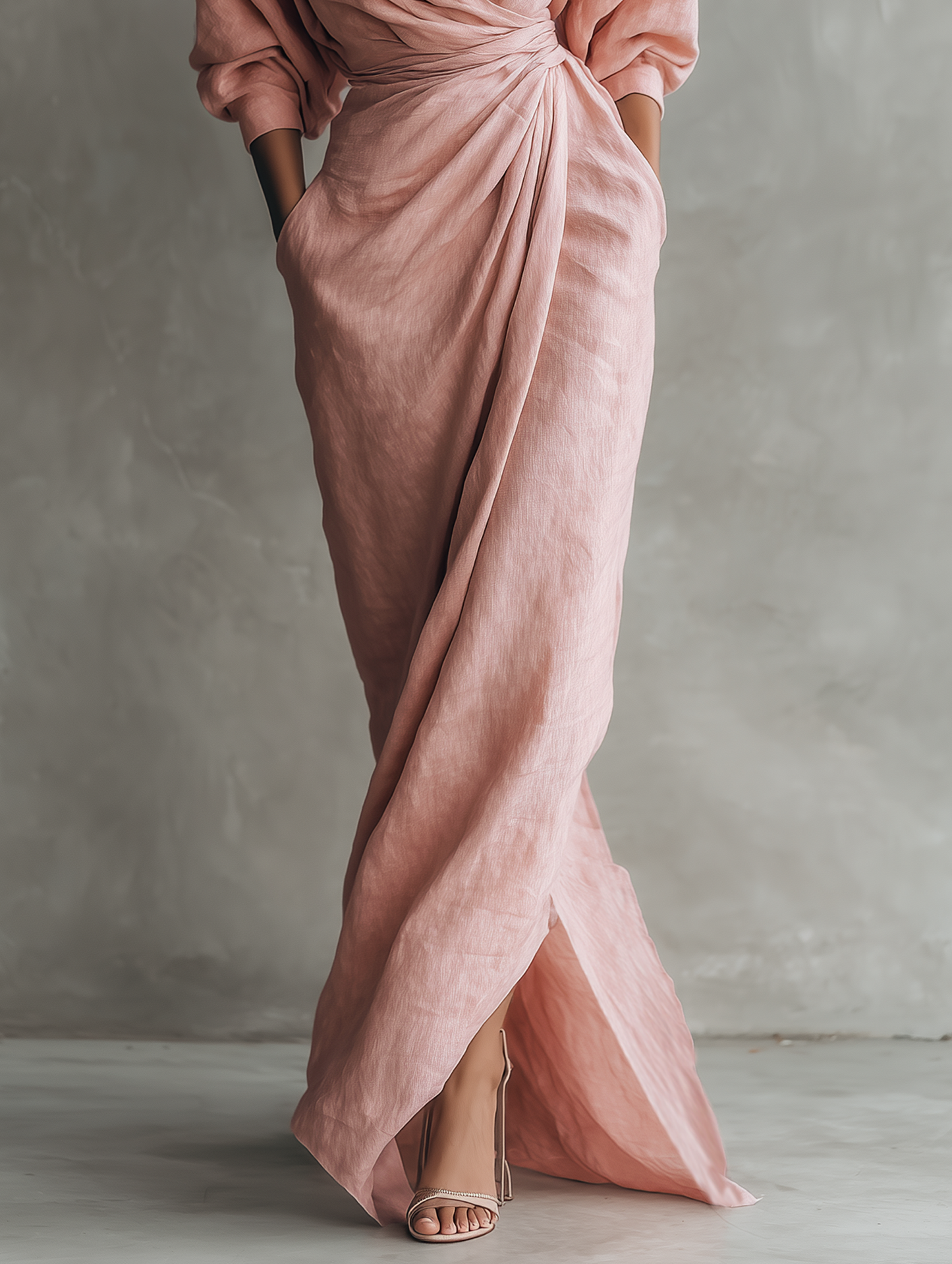 Pink V-Neck Linen Blend Maxi Dress