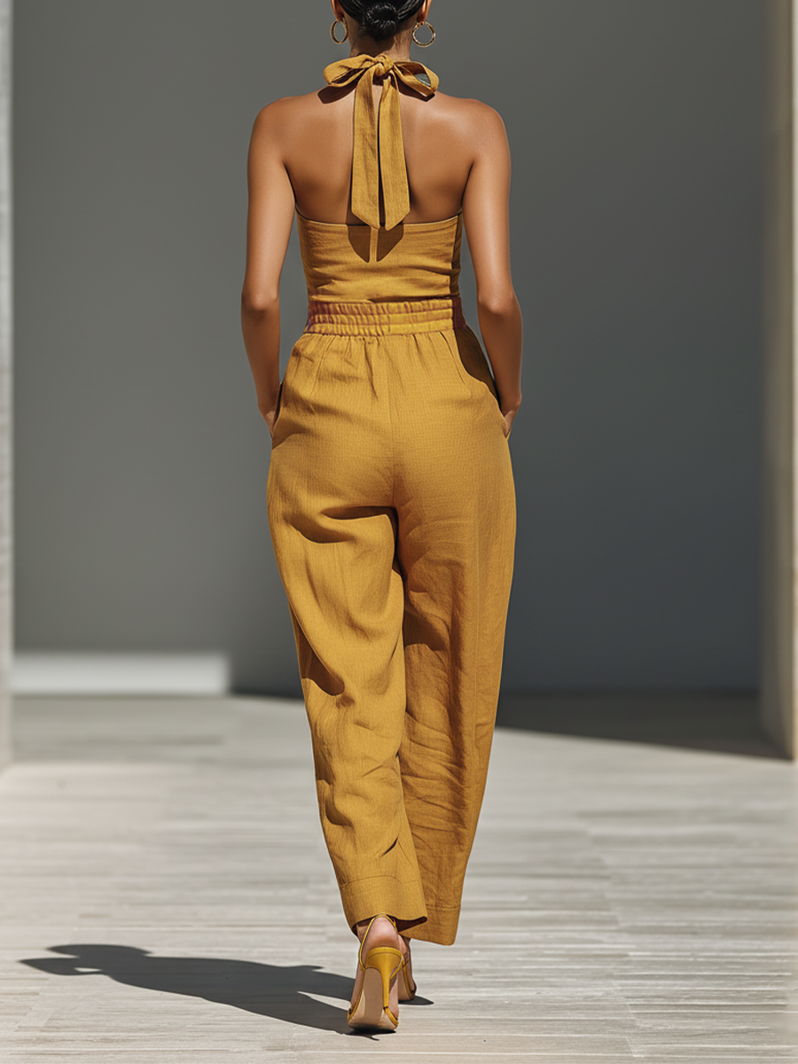 Linen Crisscross Neck Relaxed Jumpsuit