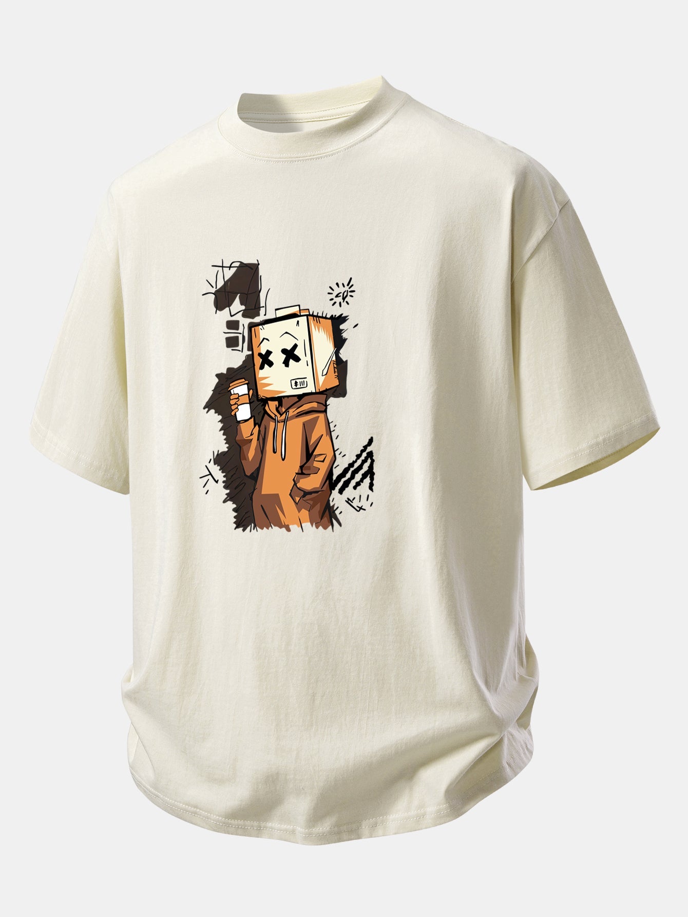 Relax Fit Cartoon Box Head Print Cotton T-Shirt