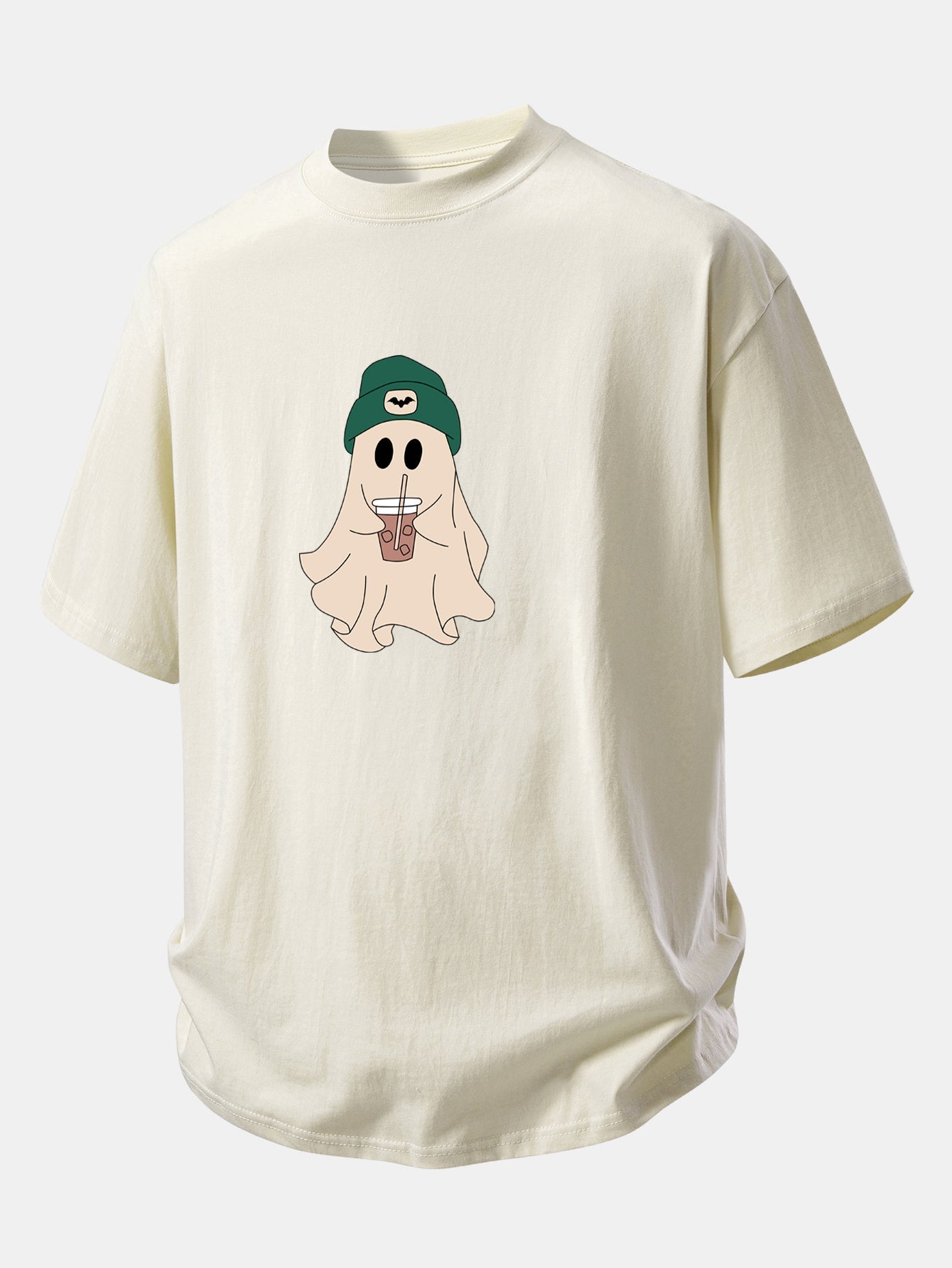 Relax Fit Darkgreen Hat Ghost Print Cotton T-Shirt