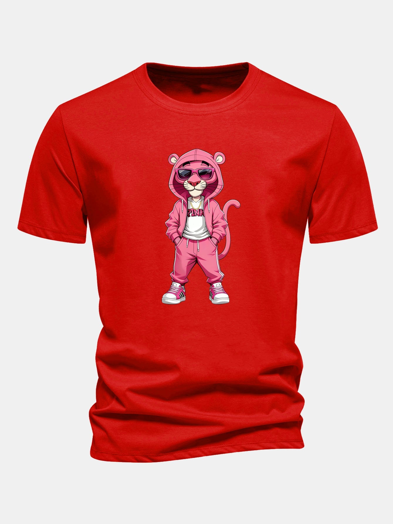 Regular Fit Street Fashion Pink Panther Print Cotton T-Shirt