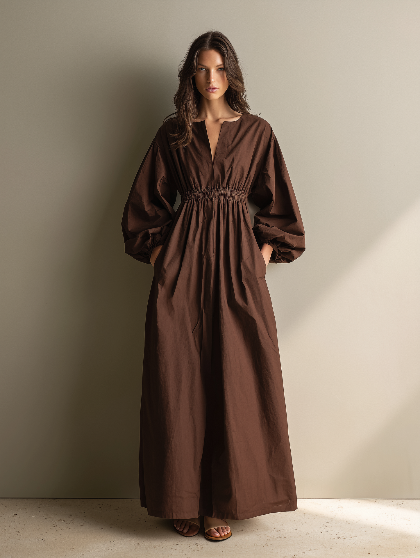 Brown Cotton-Linen V-Neck Elastic Waist Maxi Dress