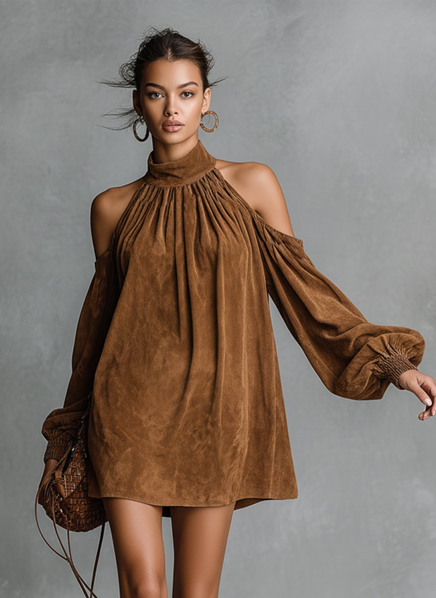 Faux Suede Halter Neck Lantern Sleeve Mini Dress