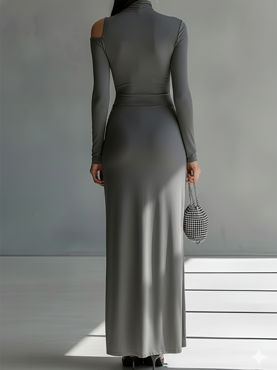 Grey Silky Ruched Cut-Out Maxi Dress