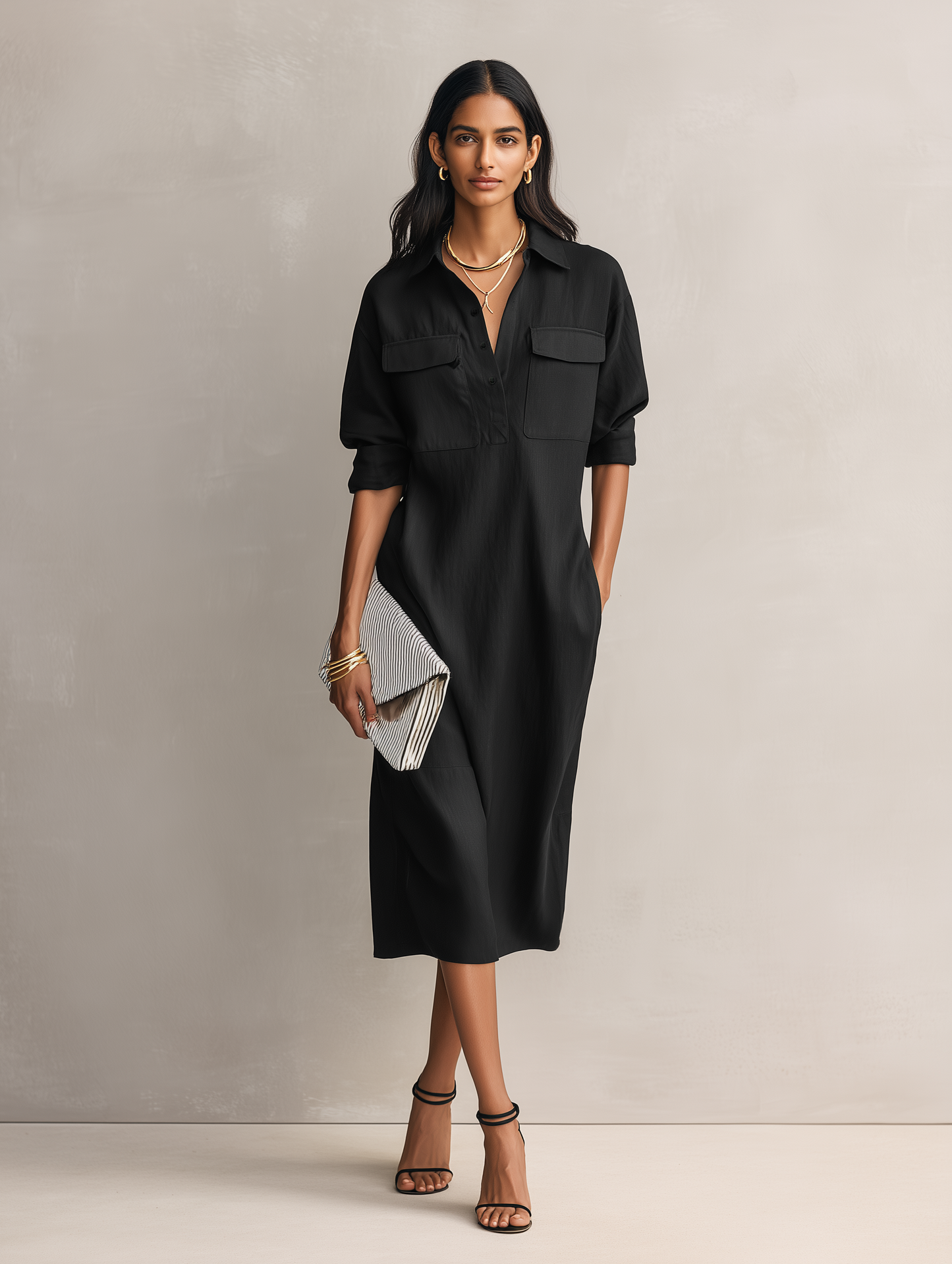 Black Cotton-Linen Shirt Collar Short Sleeve Midi Dress