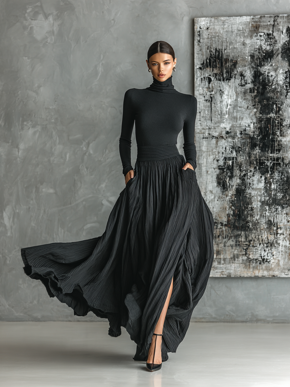 Black Skinny Turtleneck Top & Pleated Skirt Set