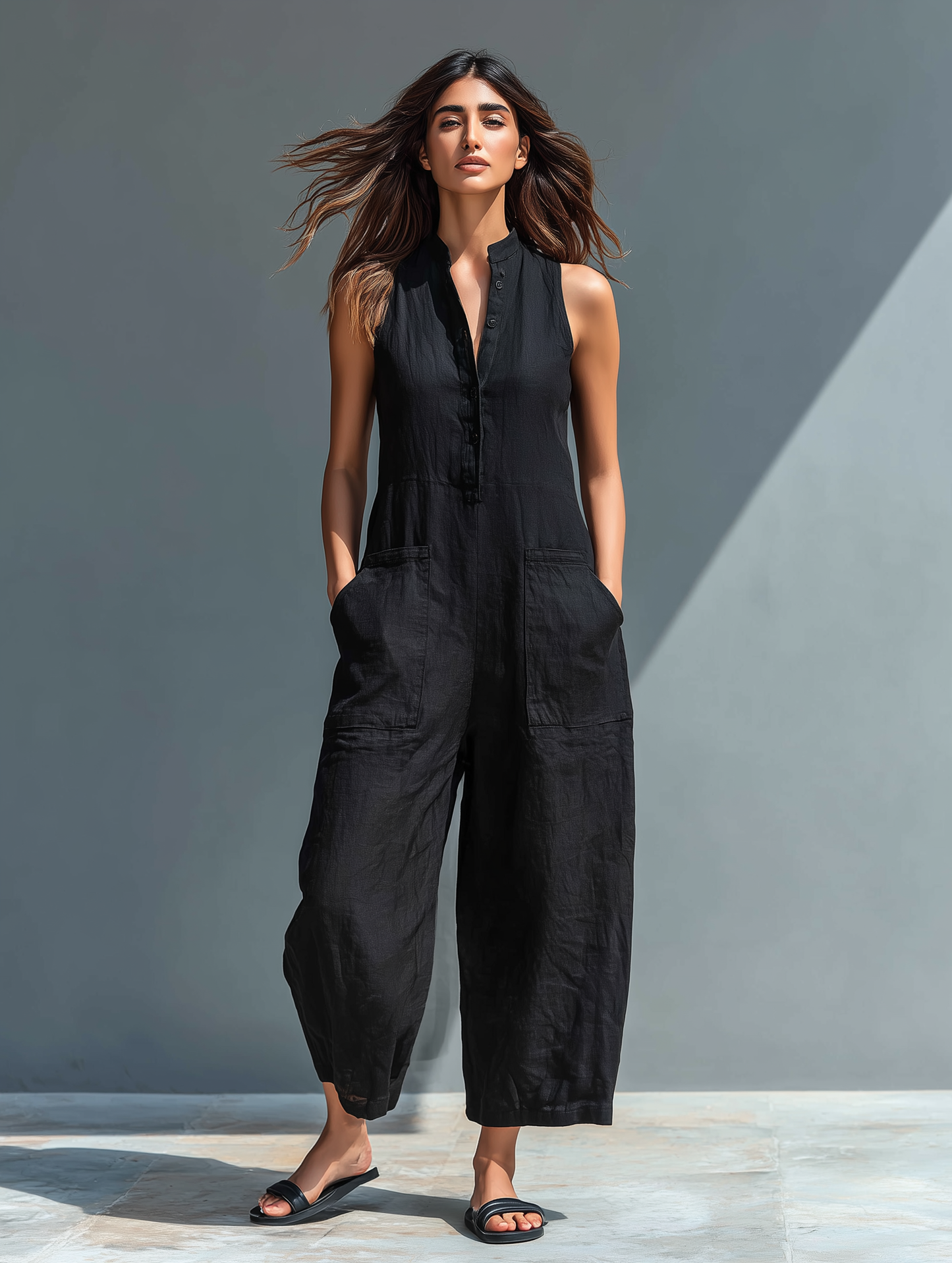 Linen Blend Stand Collar Sleeveless Jumpsuit