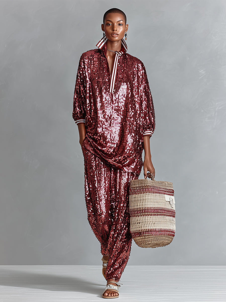 Burgundy Sequin Striped-Trim Oversized Loungewear Set