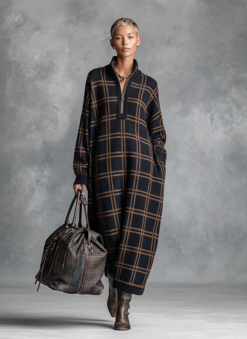 Loose Plaid Zipper Neck Knitted Maxi Dress