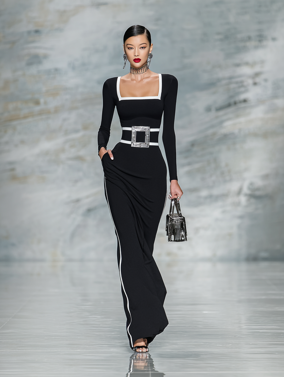 Black & White Trim Square Neck Long Sleeve Fitted Maxi Dress
