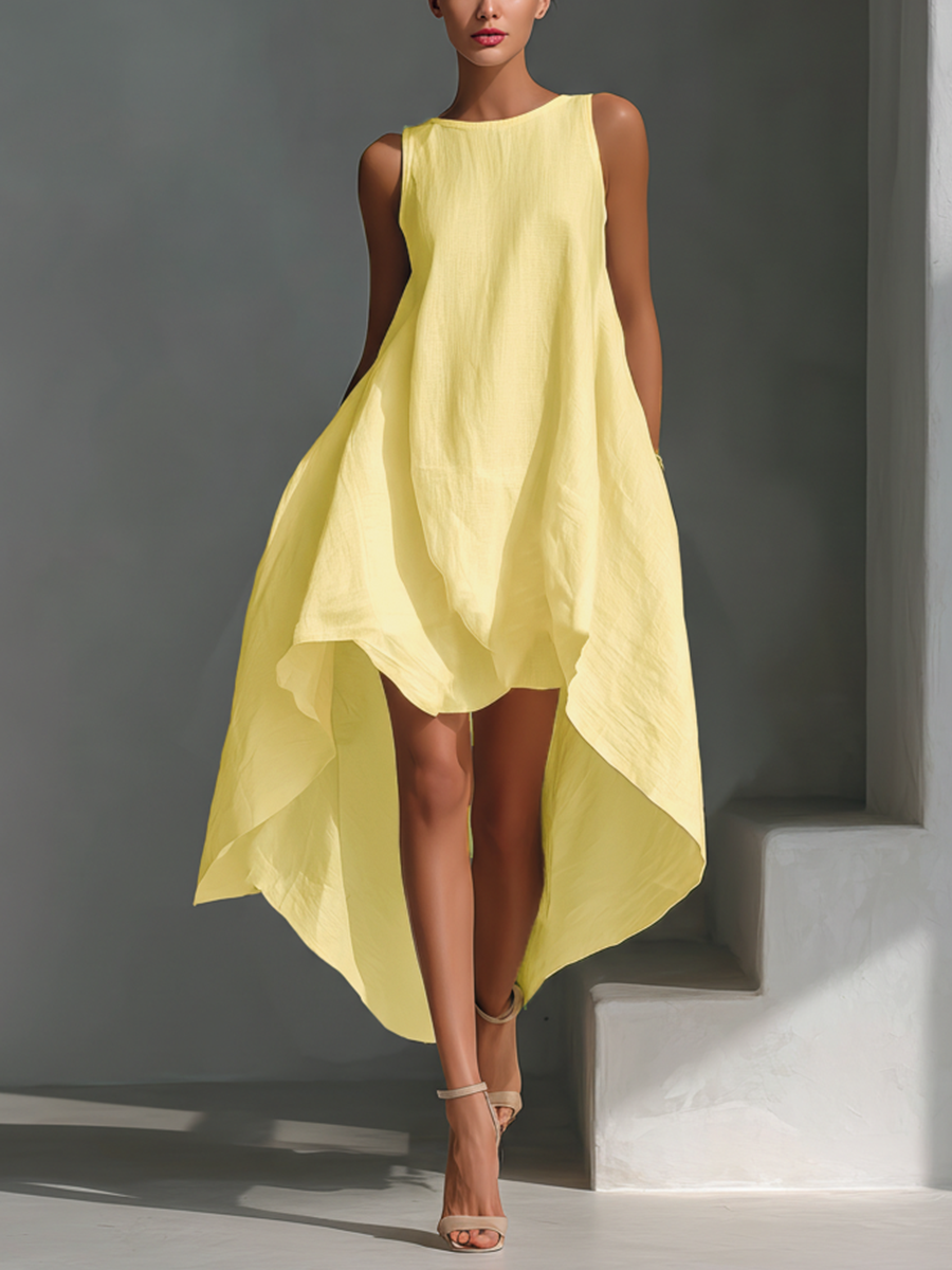 Linen Sleeveless Asymmetric Hem Midi Dress