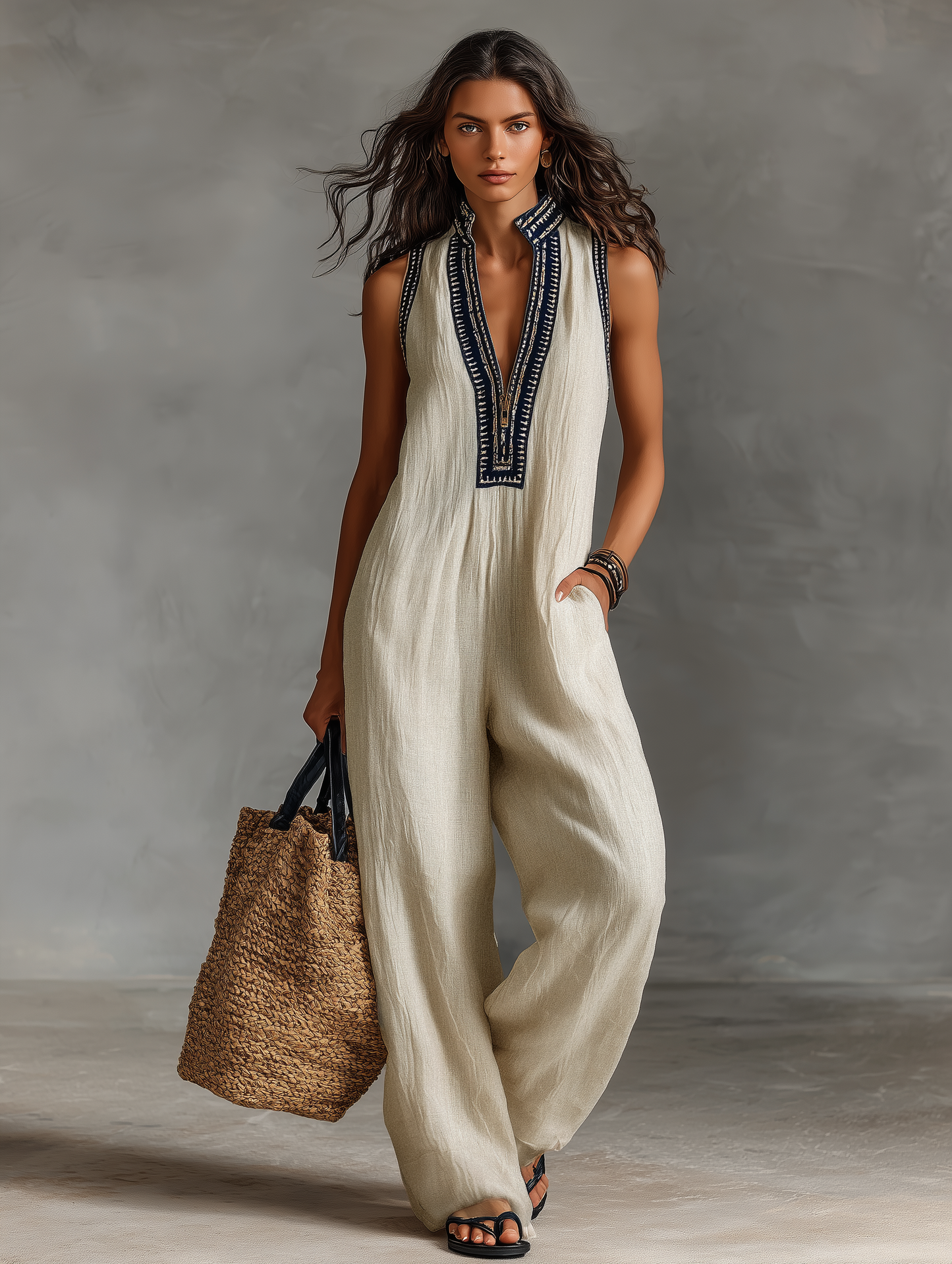 Linen Blend Embroidered Stand Collar Jumpsuit