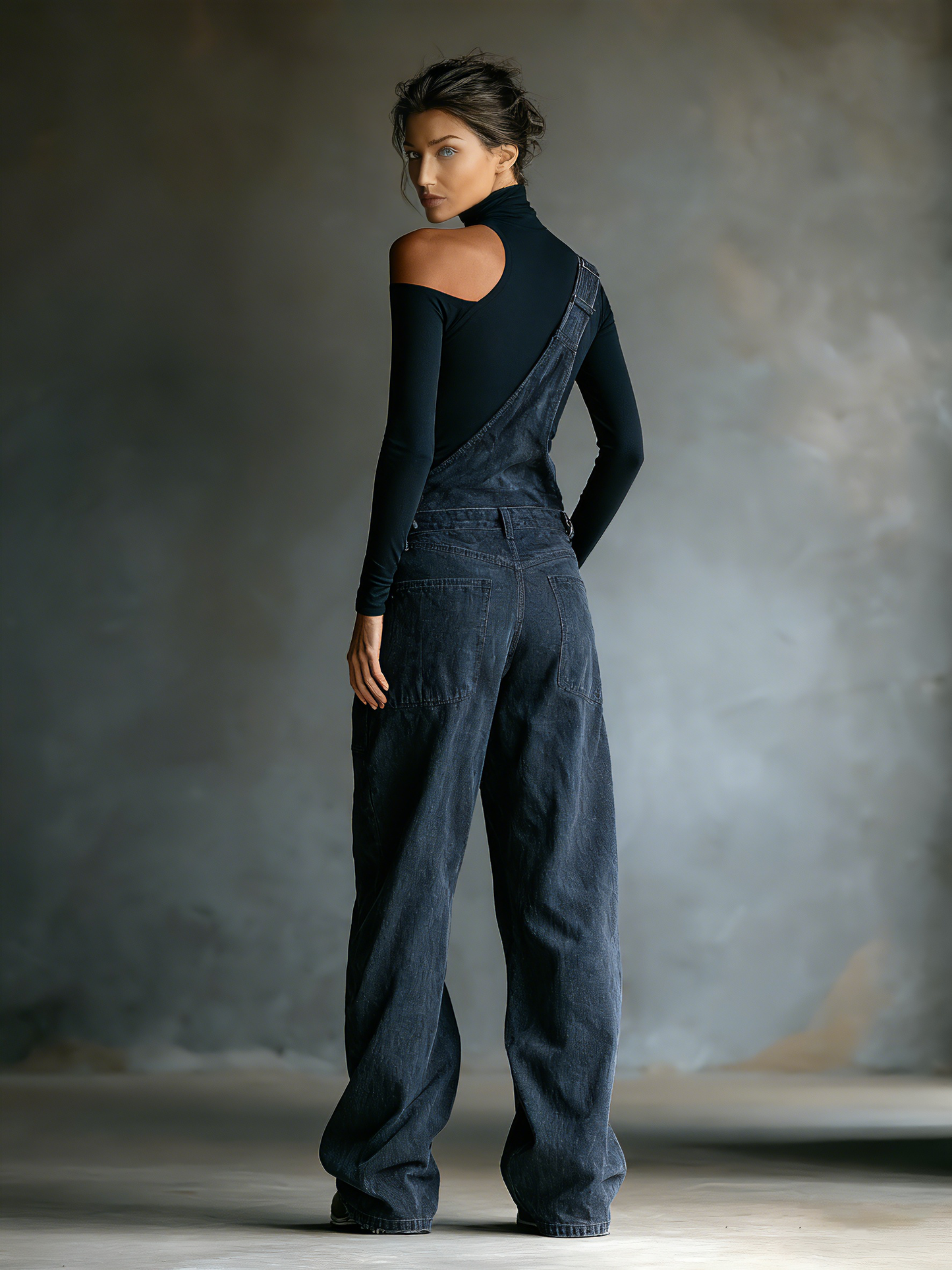 Black One-Shoulder Turtleneck Top & Denim Overalls Set