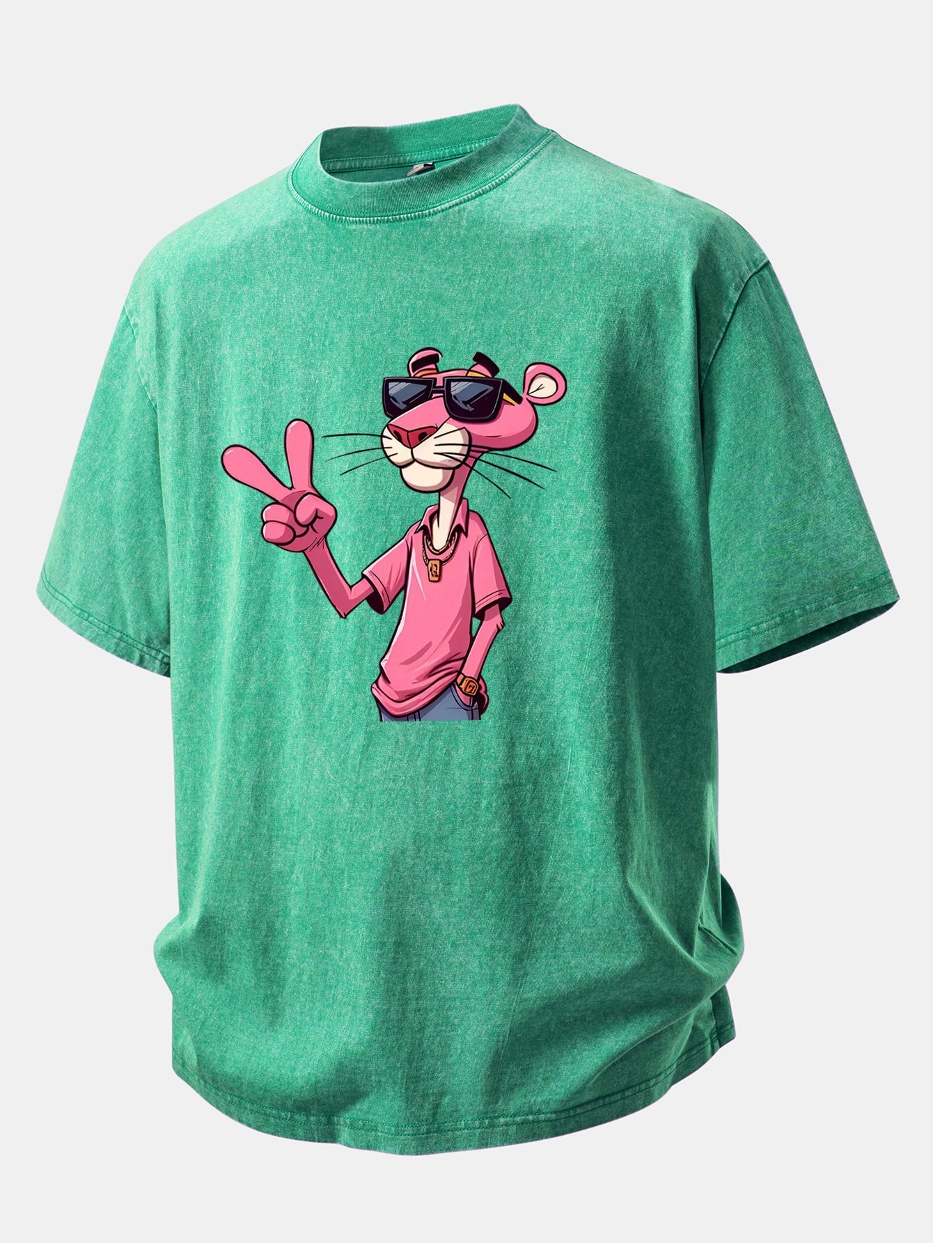 Pink Panther With V Sign Print Washed Distressed Drop Shoulder T-Shirt