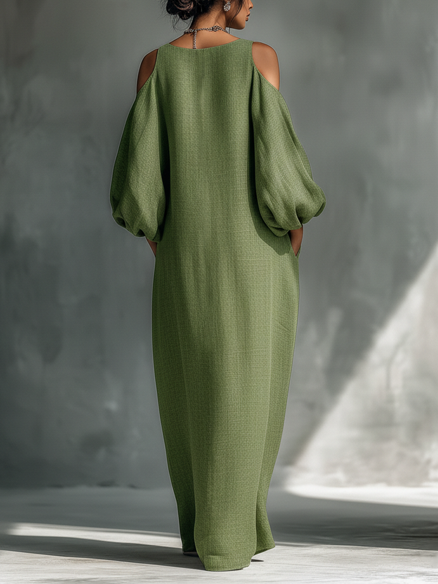 Light Green Cold-Shoulder Puff Sleeve Maxi Dress