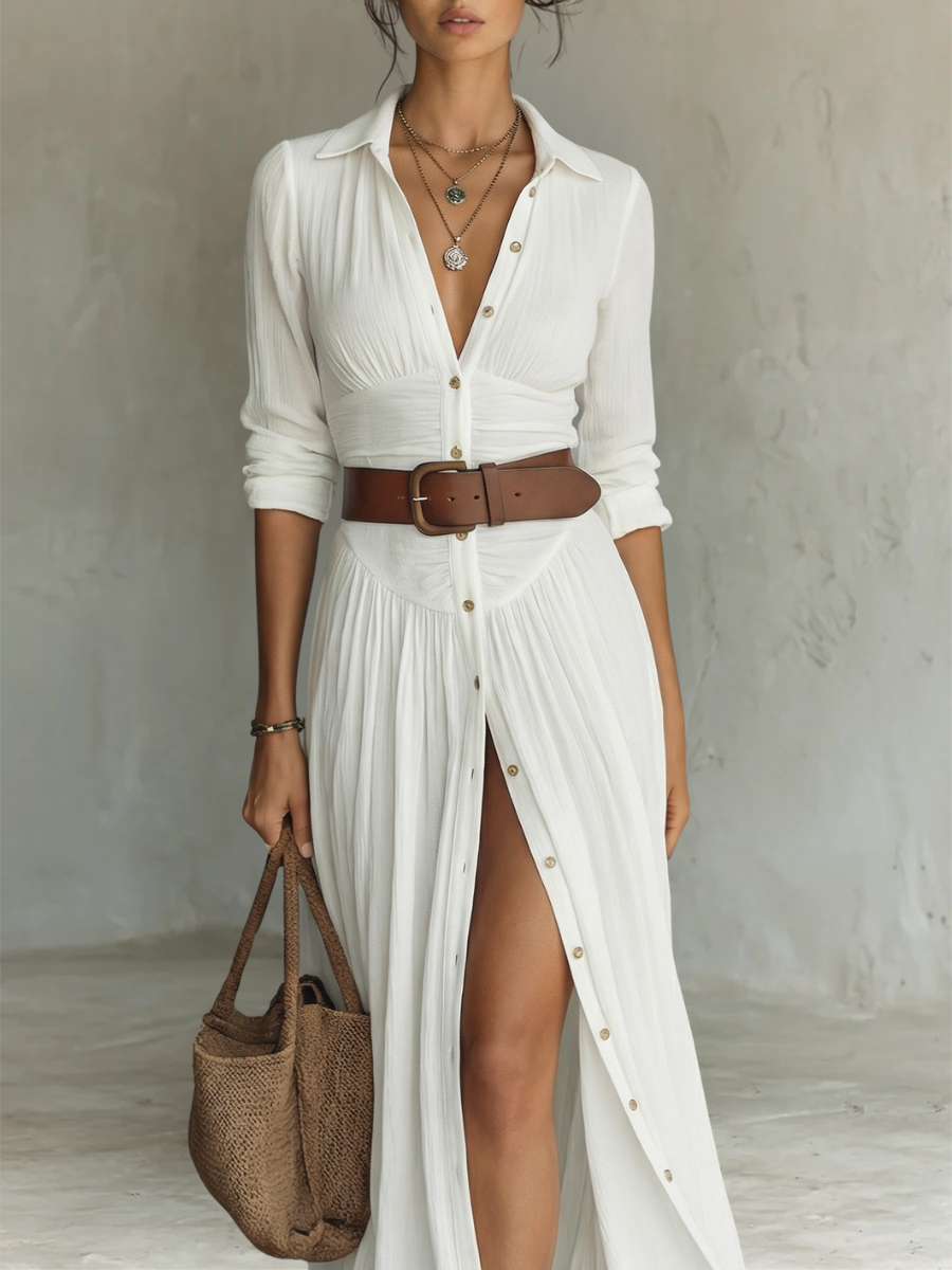 Women's Lapel Long Sleeve Linen Cotton Maxi Dress