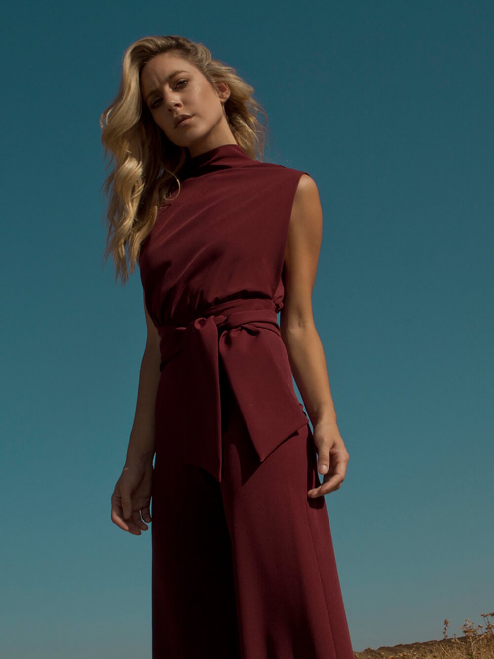 **Burgundy Jumpsuit with Belt**
