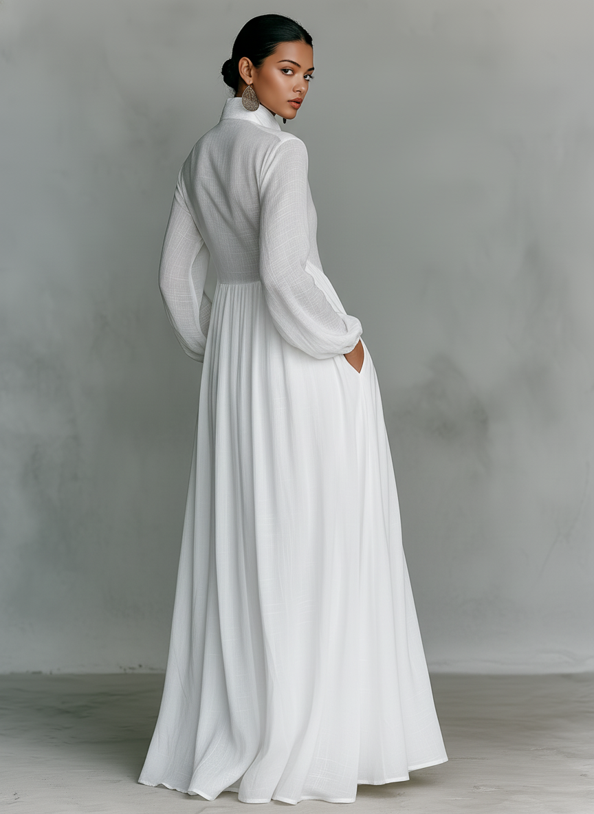 Minimalist High Neck Long Sleeve Linen Patchwork Maxi Dress