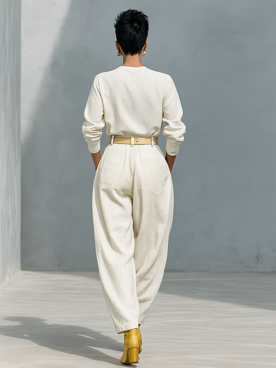 Cotton-Linen Crew Neck Long Sleeve Shirt & Loose Trousers Set