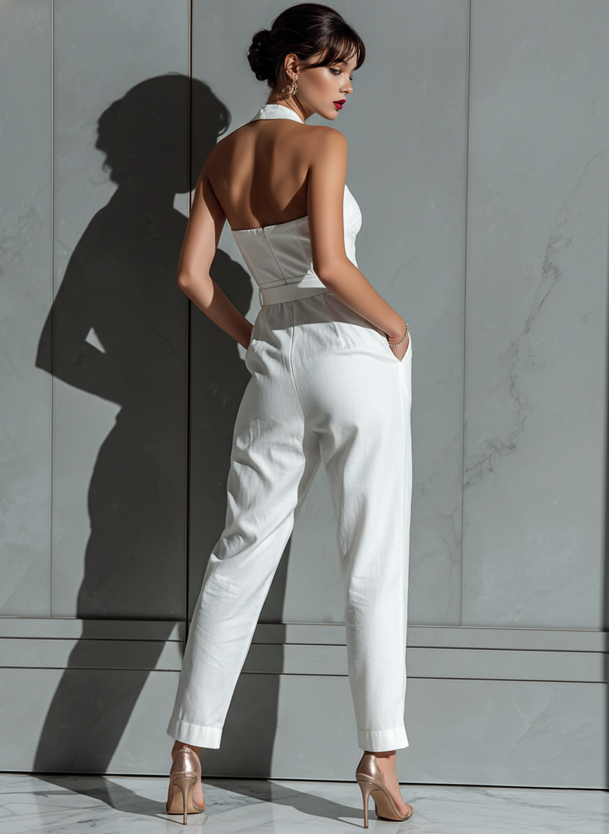 Ivory Cotton-Linen Cinched Waist Wide-Leg Jumpsuit