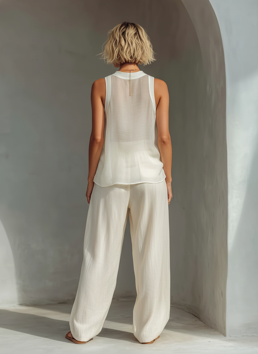 Cream Chiffon Sleeveless Top & Linen Drawstring Wide-Leg Trousers Set