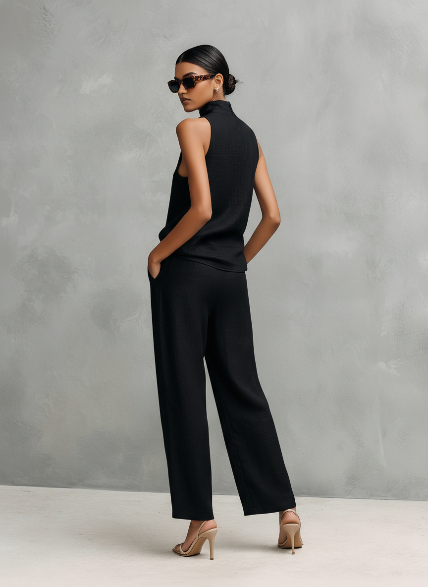 Black Cotton-Linen Round-Neck Sleeveless Top & Trousers Set