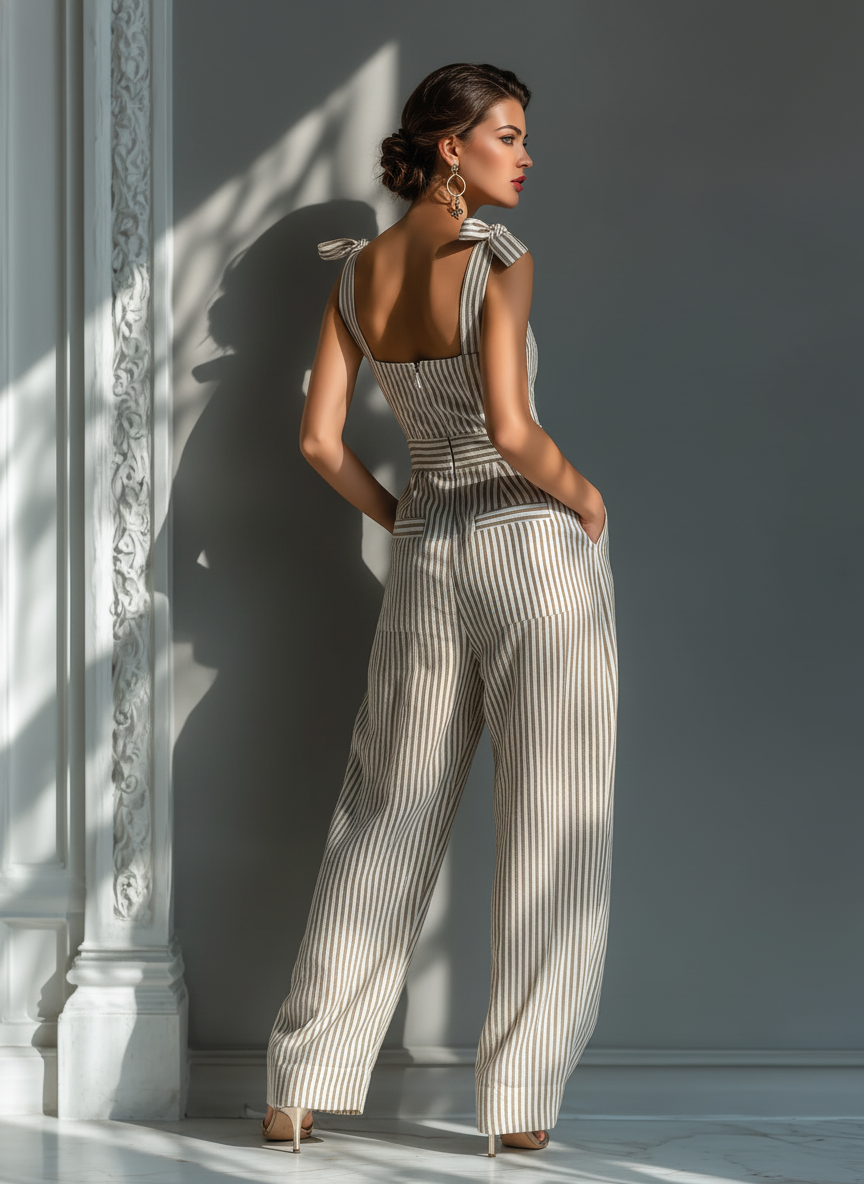 Beige & White Striped Linen Blend Square Neck Tie Strap Jumpsuit