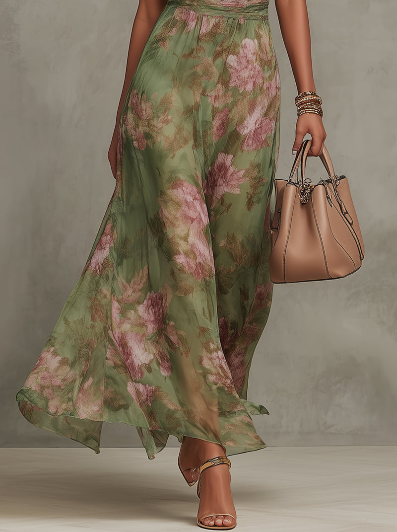 Serena - Long green floral chiffon dress with halter neckline