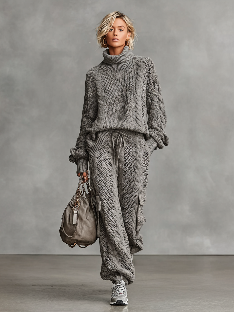 Cable Knit Turtleneck Sweater & Cargo Pants Set