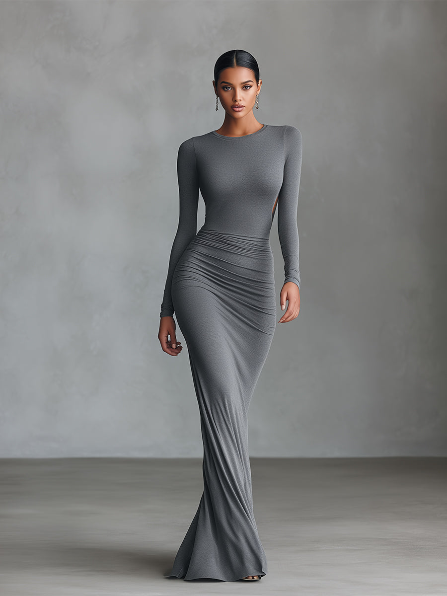 Women's Grey Ruched Open-Back Maxi Dress