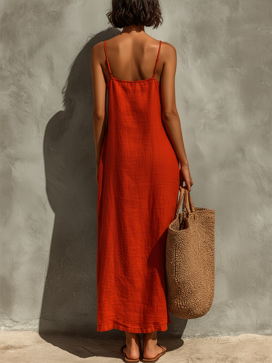 Red Cotton Spaghetti Strap Square Neck Dress