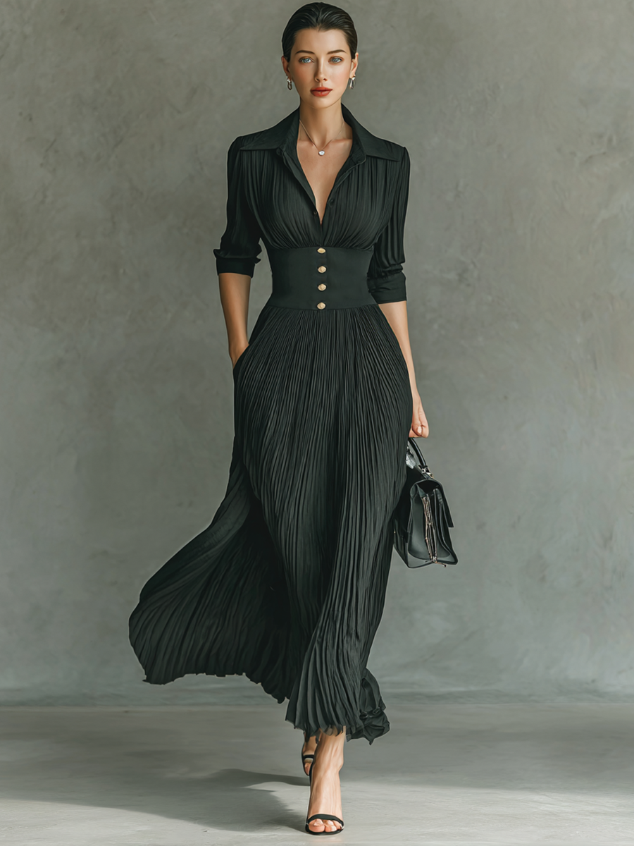 Solid Pleated Lapel Waist Long Sleeve Maxi Dress