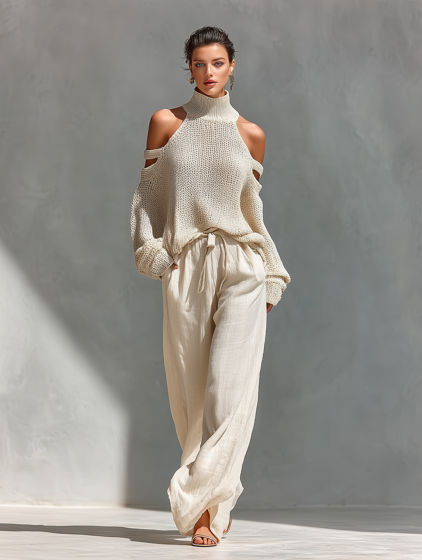 Beige Knit Cold-Shoulder Turtleneck & Wide-Leg Pants Set