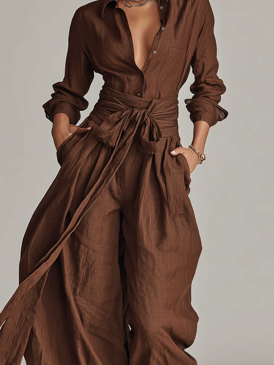 Brown Cotton-Linen Shirt Collar Belted Jumpsuit
