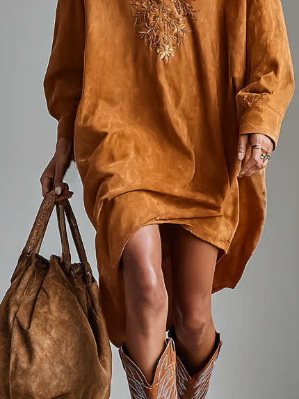 Suede Lapel V-Neck Embroidered Midi Dress