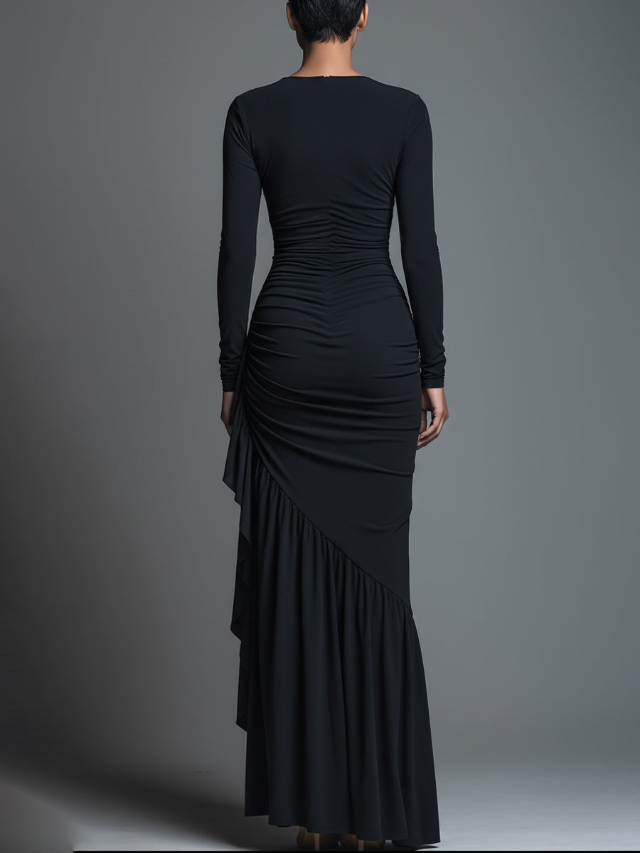 Black Jersey Knit Ruched Maxi Dress