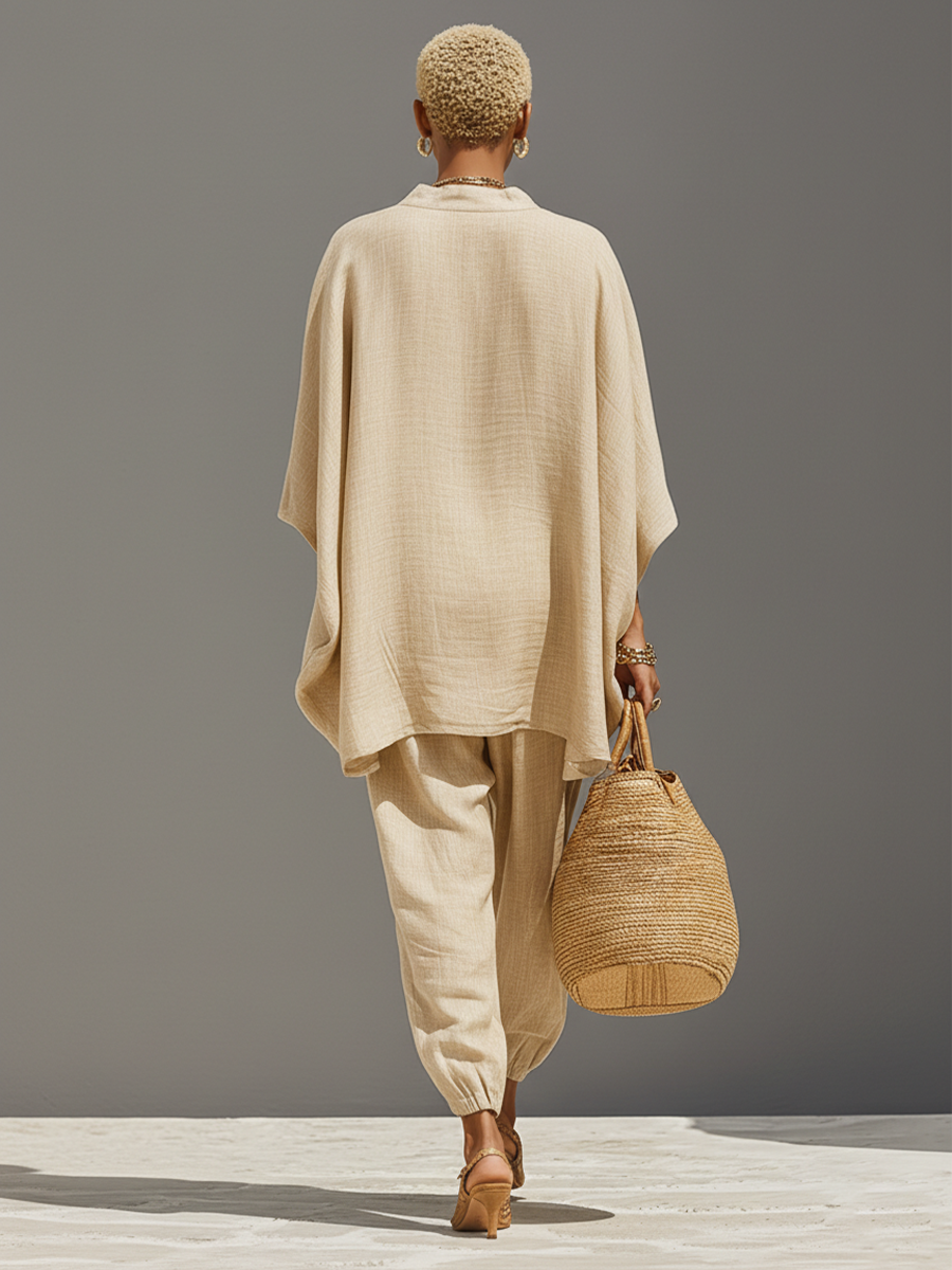Neutral Linen Asymmetric Hem Co-ord Set