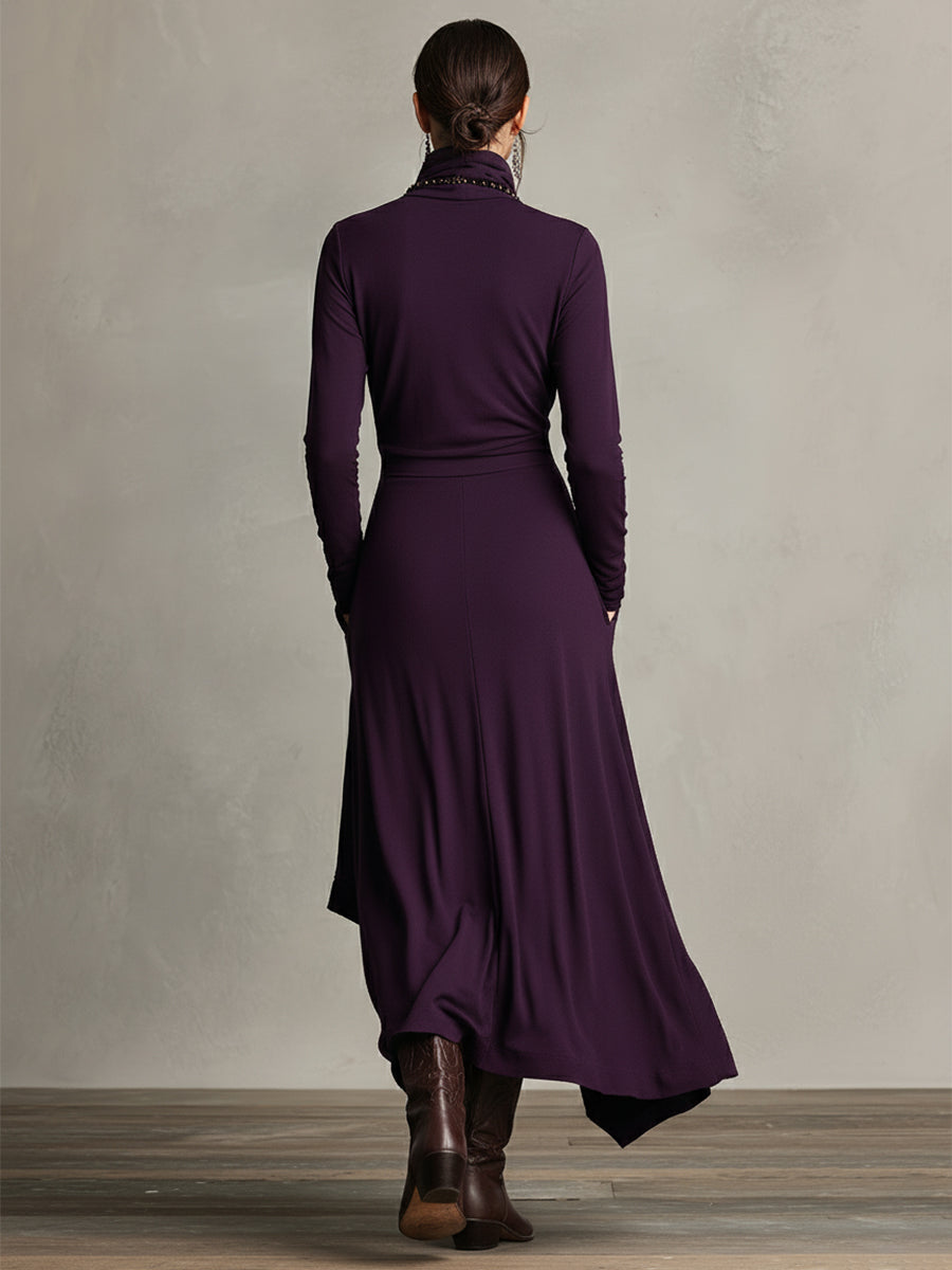 Purple Boho Cotton Turtleneck Asymmetric Draped Maxi Dress