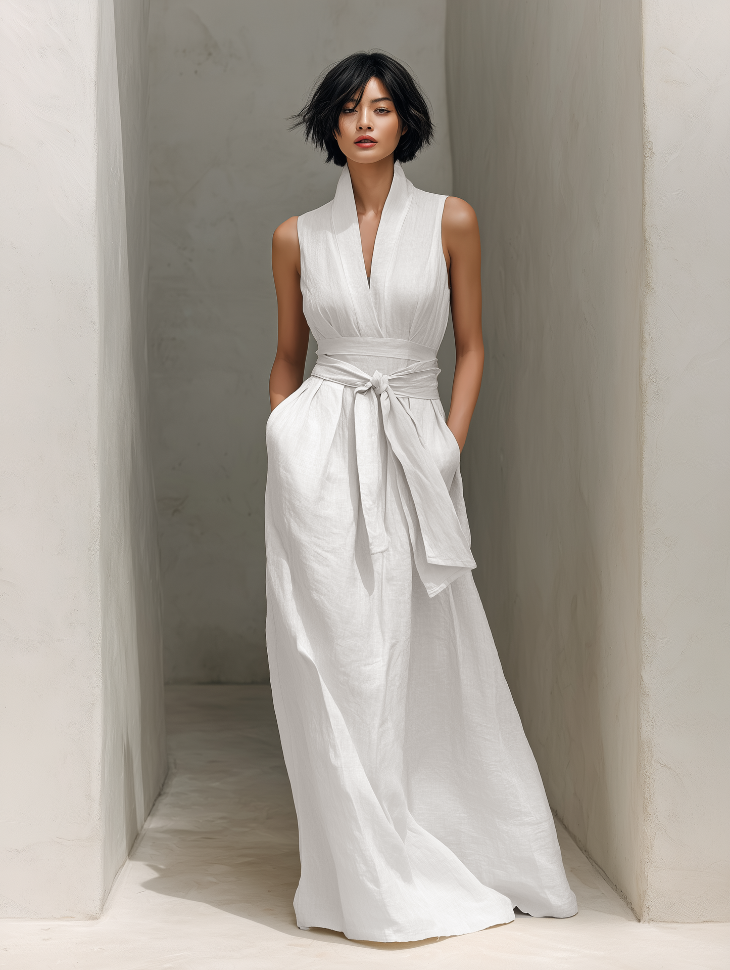 Cotton-Linen V-Neck Belted Sleeveless Maxi Dress