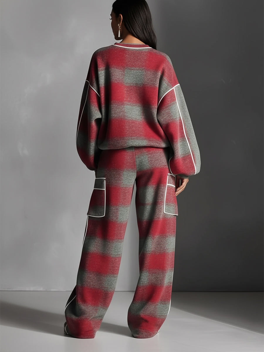 Red & Grey Plaid Colour Block Piping Pantsuit Set