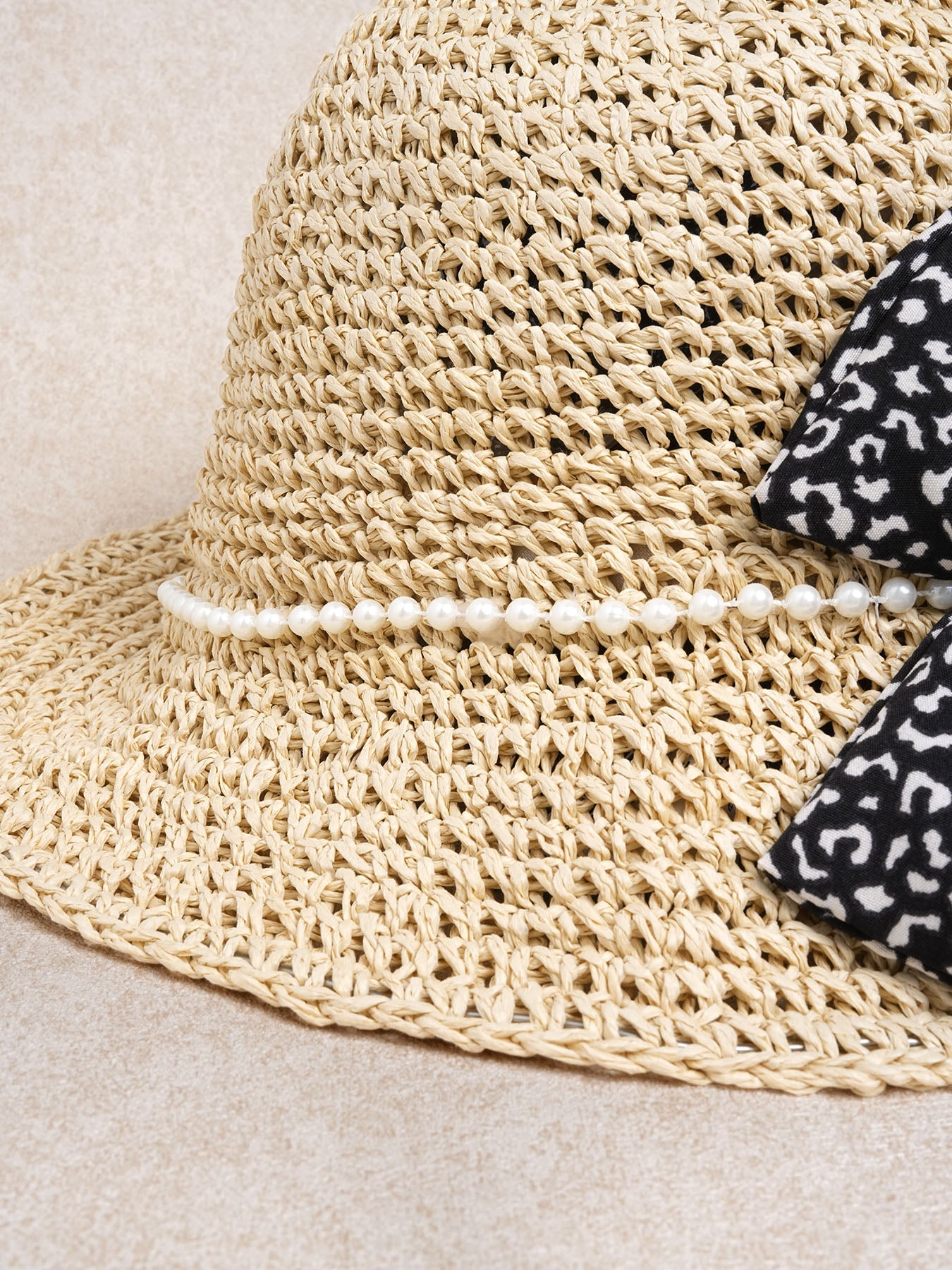 Khaki Pearl Trim Bow straw hat