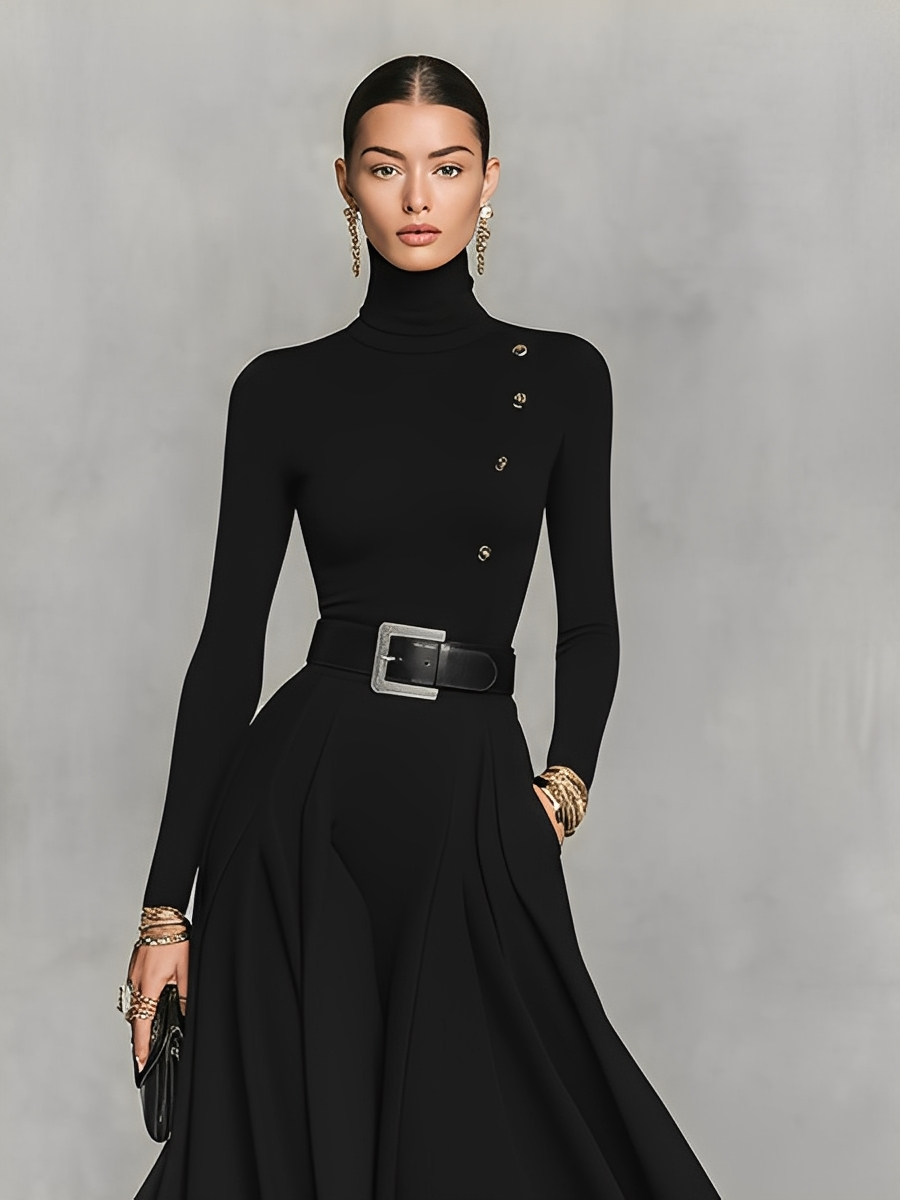 Black Knit High Neck Button Detail Maxi Dress