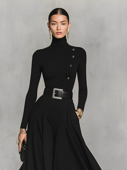 Black Knit High Neck Button Detail Maxi Dress