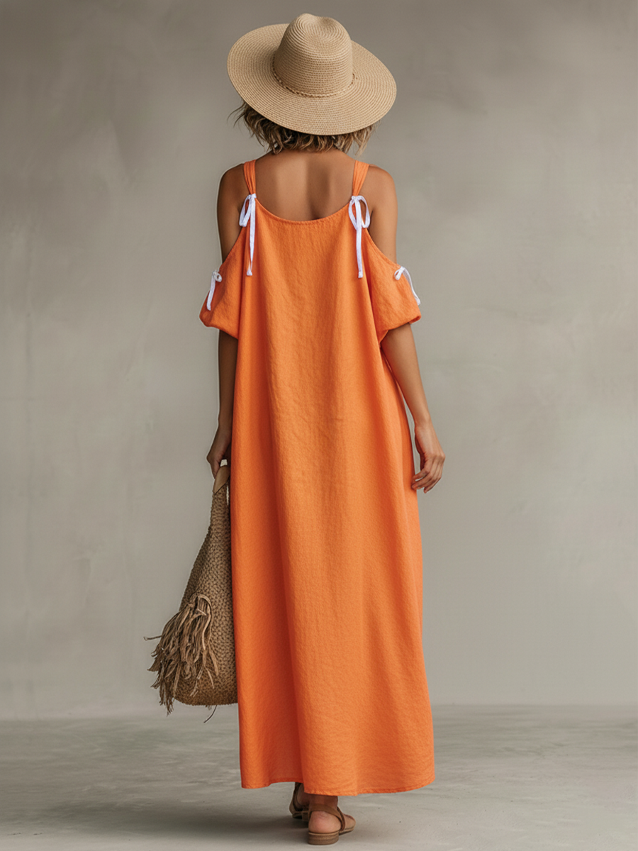Tangerine Linen Cold-Shoulder High-Low Hem Boho Dress
