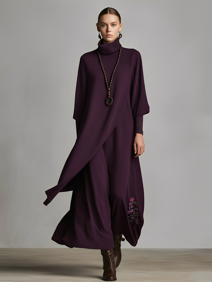 Draped Jersey Turtleneck Embroidered Maxi Dress