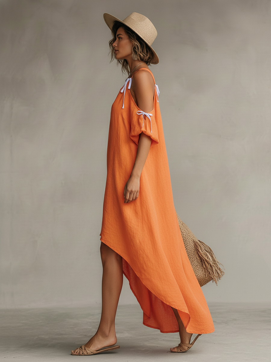 Tangerine Linen Cold-Shoulder High-Low Hem Boho Dress