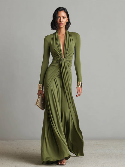 Olive Silky Deep V-Neck Ruched Maxi Dress
