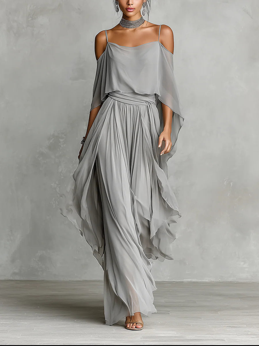 Isabella Grey Off-Shoulder Chiffon Set